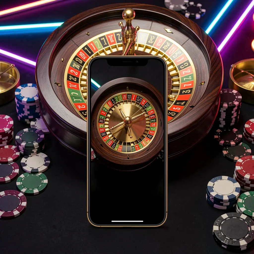BK688 mobile casino application scene featuring a phone in the center with a roulette wheel and poker chips in the background, illuminated by glowing neon lights in a premium black and gold style
