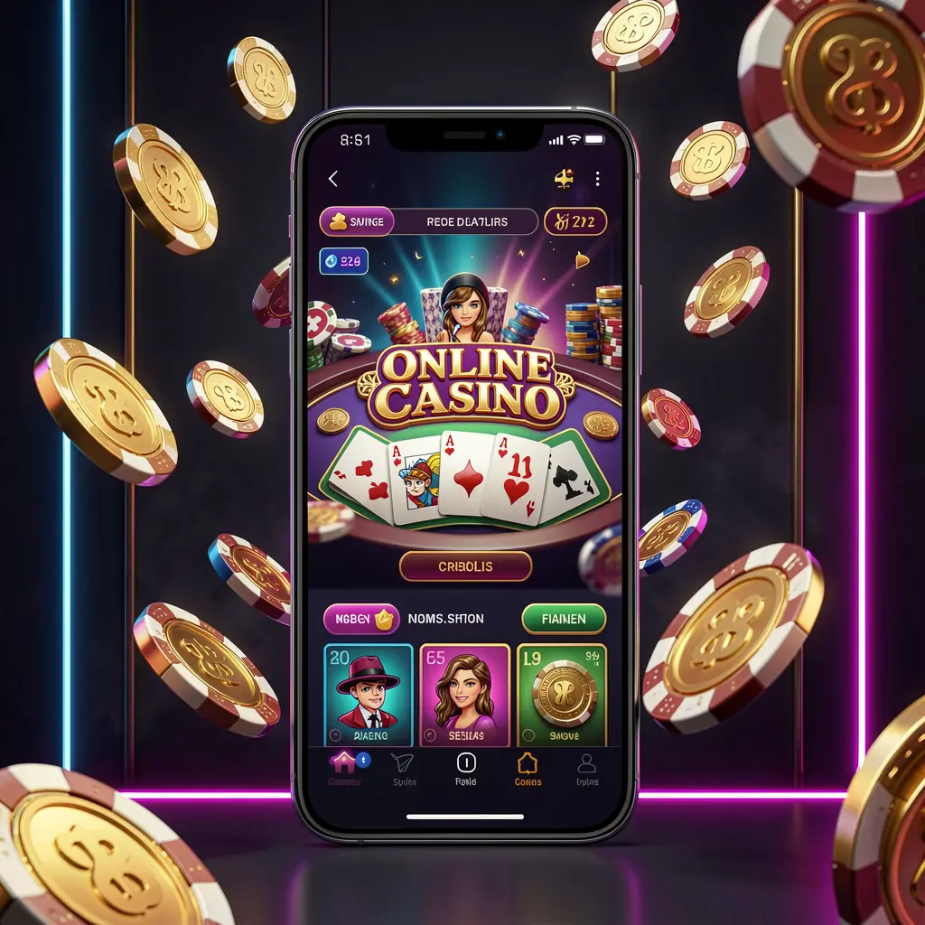 BK688 online casino mobile app hero banner showing a modern smartphone with glowing casino interface, golden coins and poker chips flying around against a dark luxury background with neon accents
