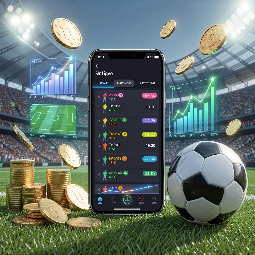 BK688 football prediction betting scene showing a smartphone with match statistics interface, a soccer ball, coins, and glowing data charts floating around in a modern stadium background