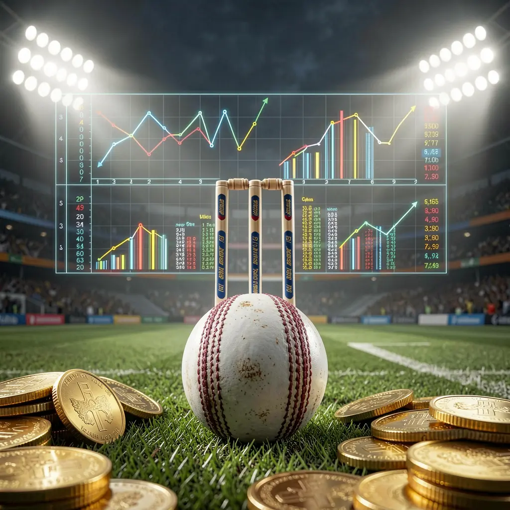 BK688 cricket betting page background featuring a cricket ball in the foreground with wickets behind, dramatic stadium floodlights, golden coins, and glowing data charts