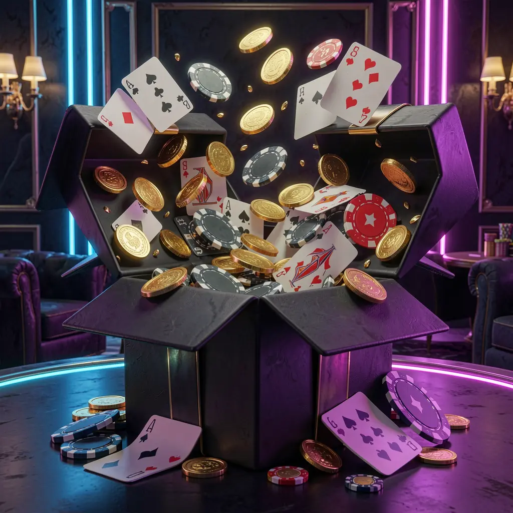 BK688 online casino bonus gift box exploding with golden coins, poker chips, and playing cards against a dark luxury background with glowing neon accents BK688 online casino bonus gift box exploding with golden coins, poker chips, and playing cards against a dark luxury background with glowing neon accents