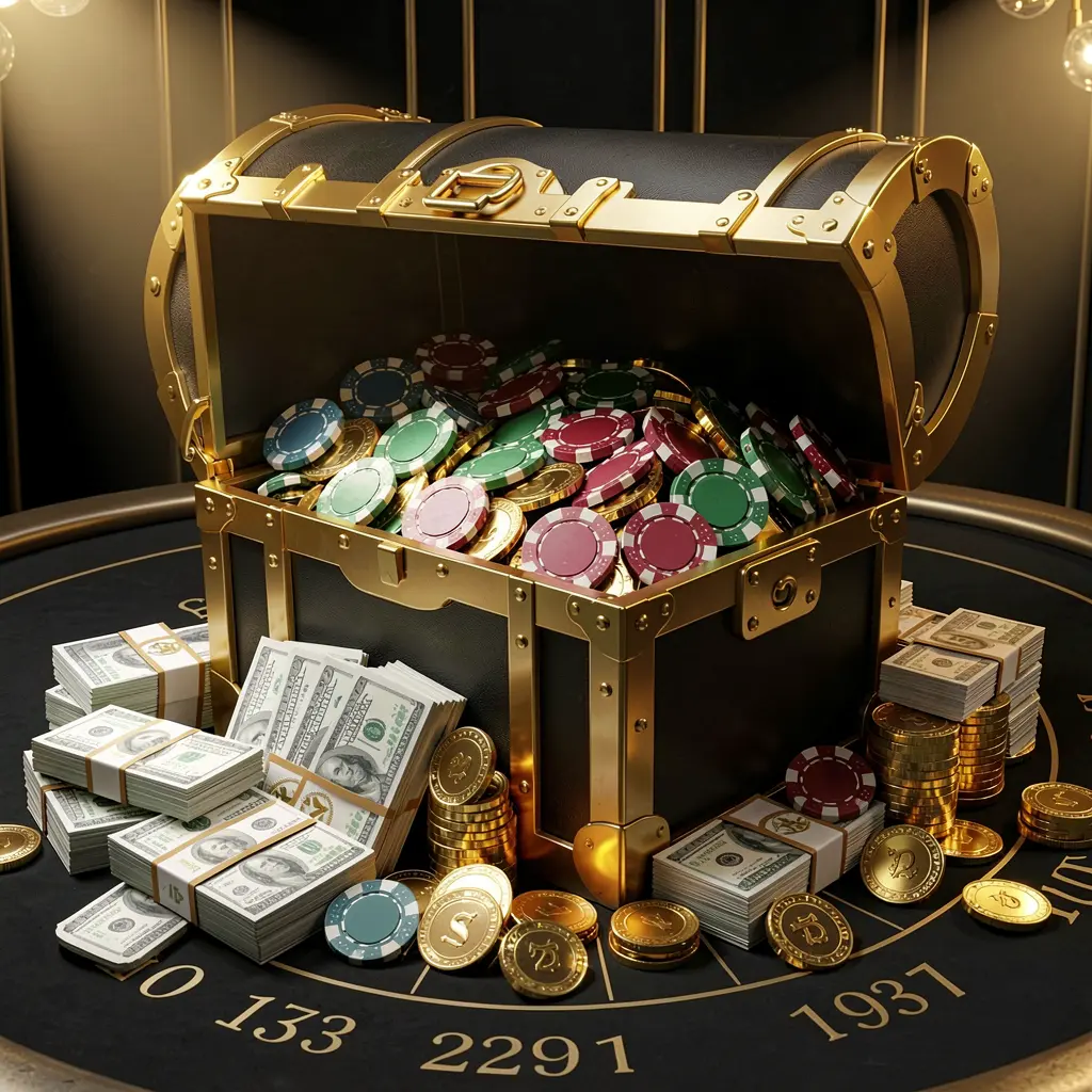 BK688 casino rewards scene featuring a golden treasure chest overflowing with chips, cash bundles, and sparkling coins in an elegant black and gold style with dramatic lighting BK688 casino rewards scene featuring a golden treasure chest overflowing with chips, cash bundles, and sparkling coins in an elegant black and gold style with dramatic lighting