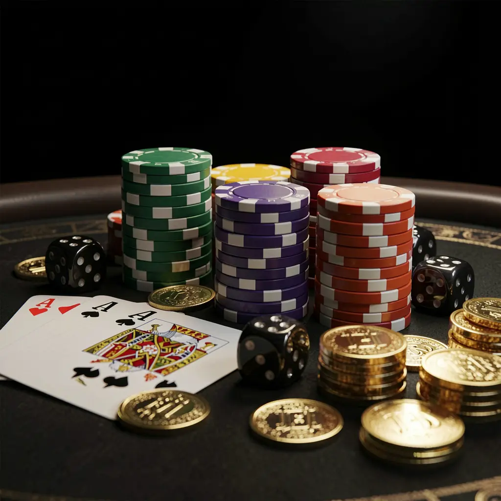 Close-up of an elegant BK688 casino table featuring poker chips, playing cards, dice, and gold coins with soft cinematic lighting against a luxury black background