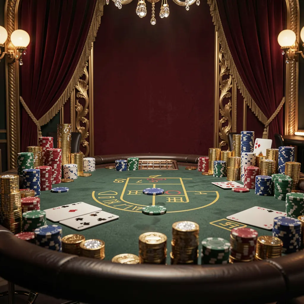 Luxury casino atmosphere featuring a blackjack table with poker cards, stacks of chips, and sparkling coins against a dark red and gold background, showcasing the BK688 brand in a cinematic realistic render.