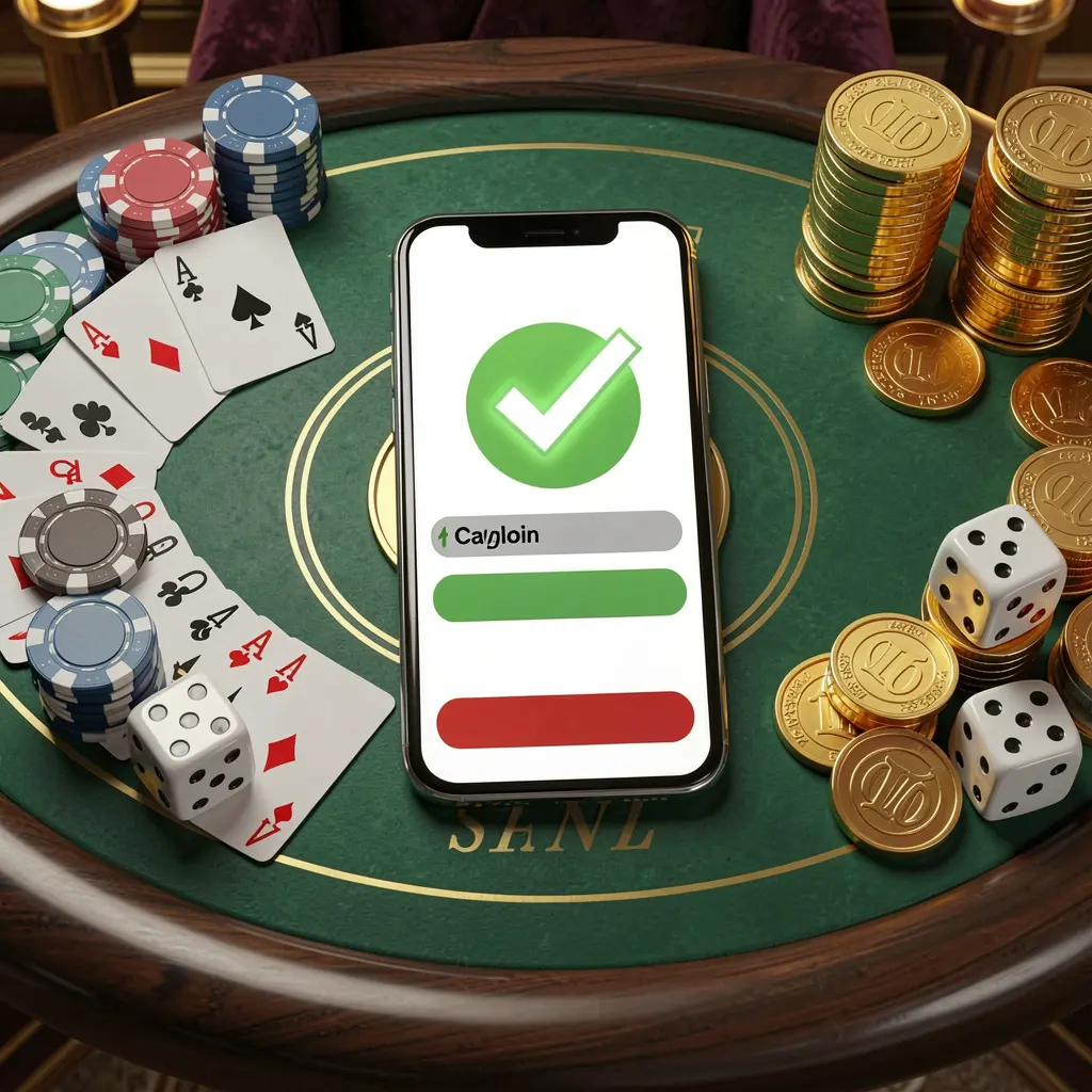 BK688 safe casino login concept showing a smartphone with verification checkmark icon surrounded by chips, cards, dice, and golden coins on an elegant luxury casino table in a 3D realistic render