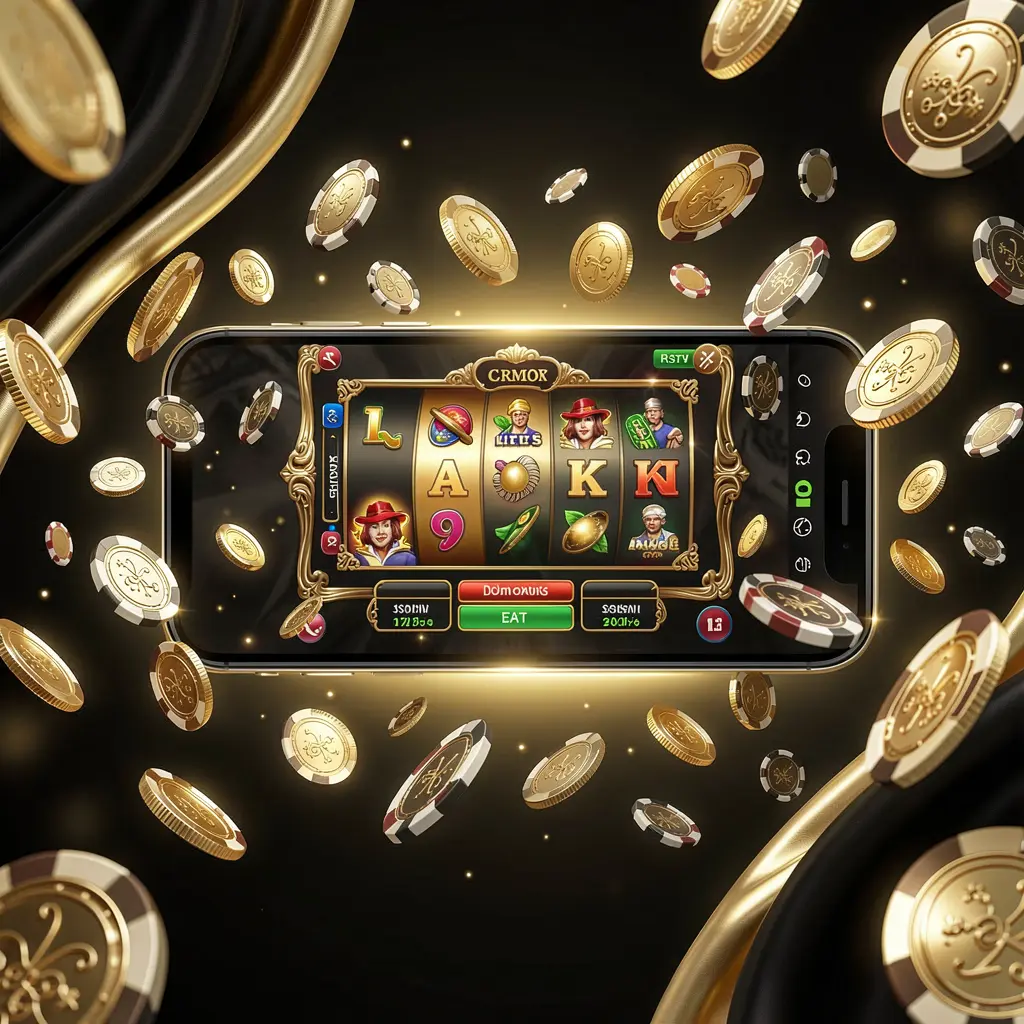 BK688 modern online casino main page visual featuring a smartphone with a glowing gaming interface, surrounded by flying coins and chips in a black and gold luxury atmosphere